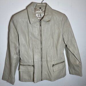 JONES NEW YORK  Soft Genuine Leather Jacket Cream Zip Front Moto Medium